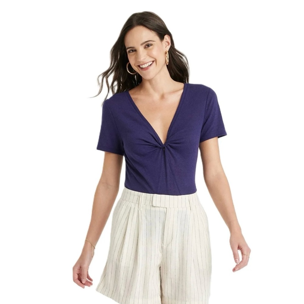 A New Day Navy linen blend twist front short sleeve tee